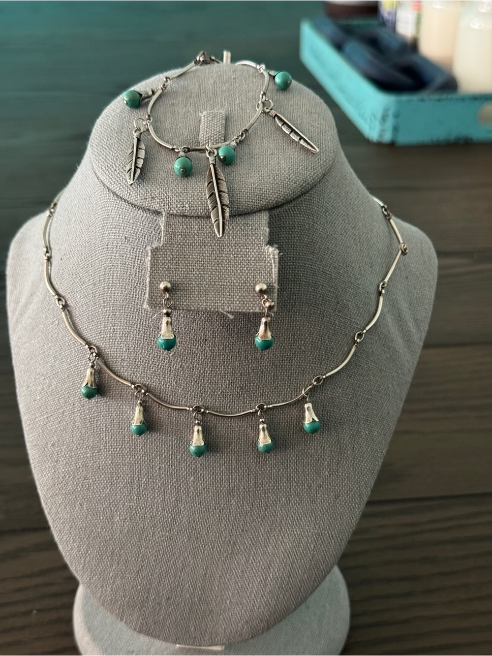 RARE Carolyn Pollack Relios 925 Turquoise Feather 3-Pc Jewelry Set